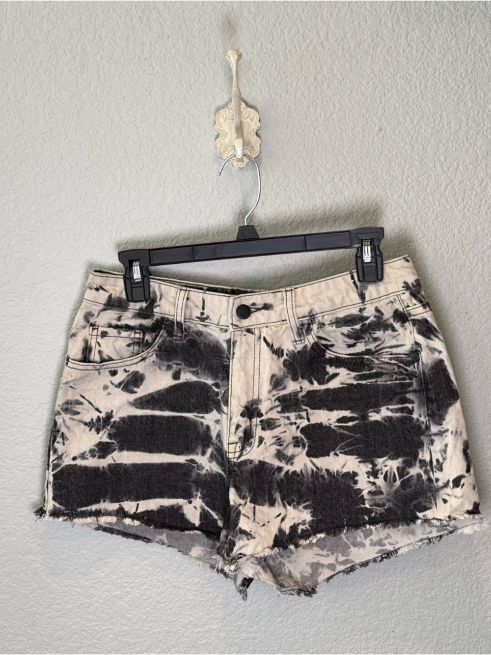 Tie-Dye Black & Cream High-Rise Denim Shorts